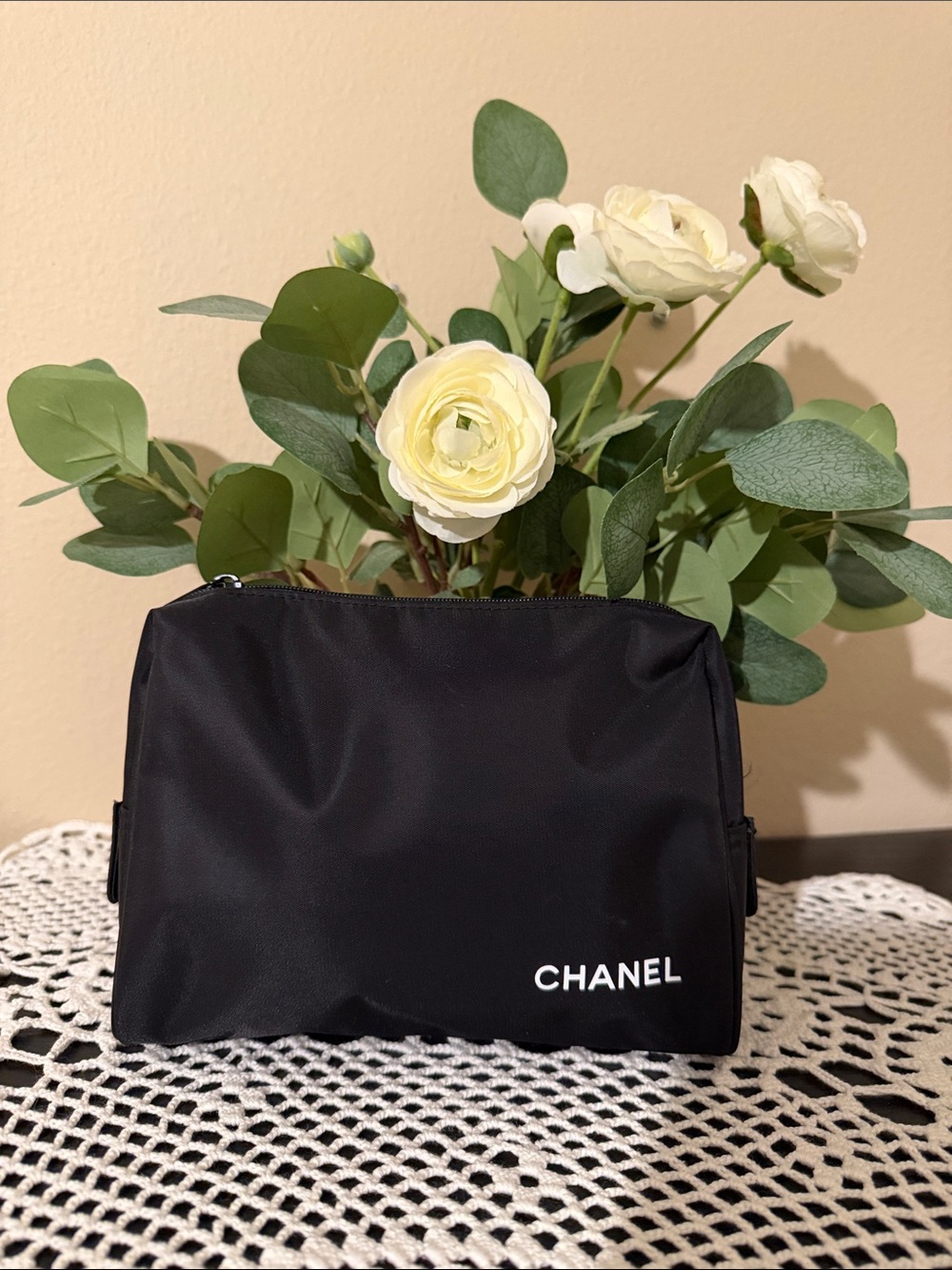 CHANEL Black Nylon Cosmetic Case with White Logo
